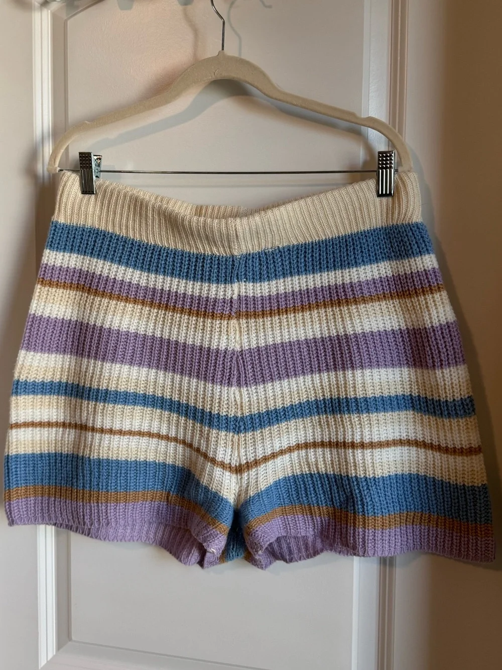 Fashion Nova High-Waist Knit Stripe Shorts in Cream, Lavender & Blue